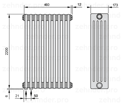 Схема (чертеж) Радиатор Zehnder Charleston 5220/10 №3370 Белый глянцевый RAL 9016